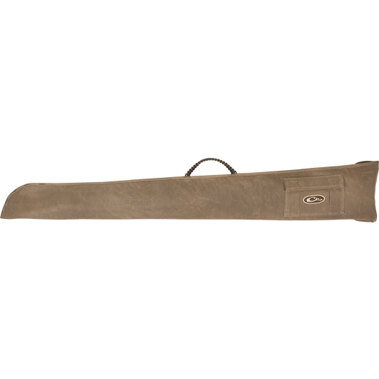 A brown wax canvas bag with a braided rope handle, designed to safely transport shotguns up to 50" in length. Features a Velcro closure and a choke storage pouch. Perfect for hunters seeking protection and convenience. From Drake Waterfowl, a store known for high-quality hunting gear and clothing.