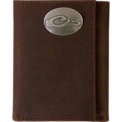 Brown Leather Tri-Fold Wallet with Drake Logo metal oval. Full grain leather and metal oval logo on the outside.