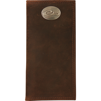 A brown leather checkbook wallet with the Drake Logo metal oval on the outside.