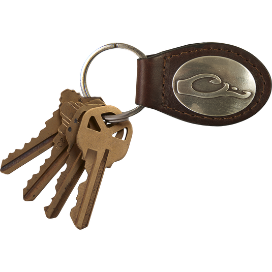 Leather key chain with Drake logo on metal emblem and heavy gauge ring for key storage.