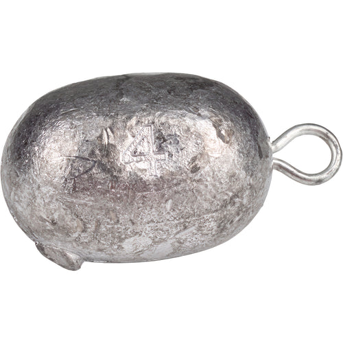 Texas Rig Egg Weights - 12 Pack: Close-up of metal object and rock with carved number. Lead weights: 4 oz, 6 oz, 8 oz per 12. Final sale.