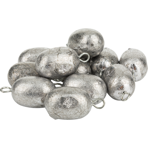 Texas Rig Egg Weights - 12 Pack: A group of oval-shaped lead weights in various sizes, perfect for hunting and fishing.