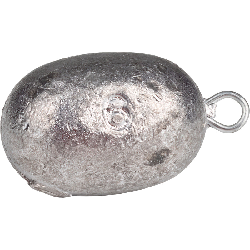 Texas Rig Egg Weights - 12 Pack: Close-up of a rock with a metal ring and a number on the surface. Lead weights for fishing. Final sale.