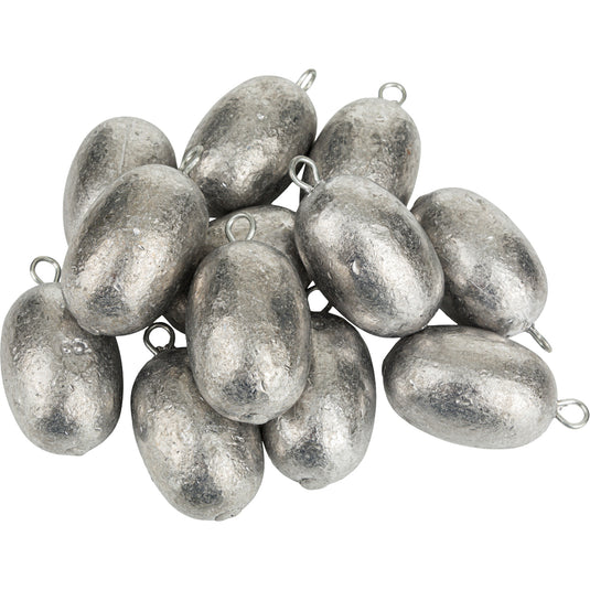 Texas Rig Egg Weights - 12 Pack: A pile of oval-shaped lead weights for fishing. 4 oz, 6 oz, and 8 oz weights per 12. Final sale.
