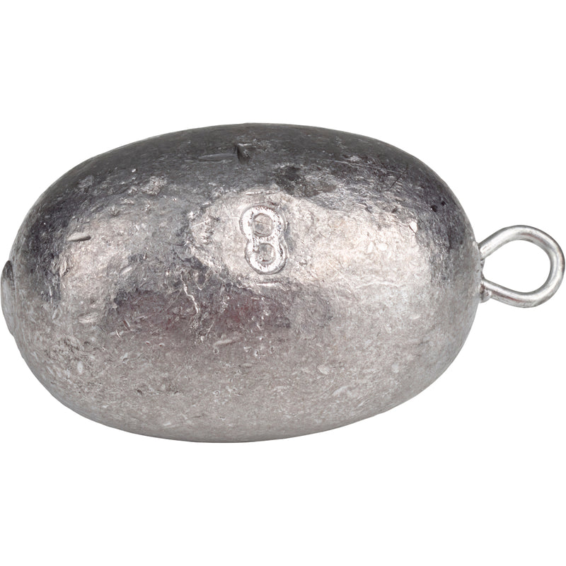 Texas Rig Egg Weights - 12 Pack: Oval object with a metal ring attached. Close-up of a rock with a carved number. Silver.