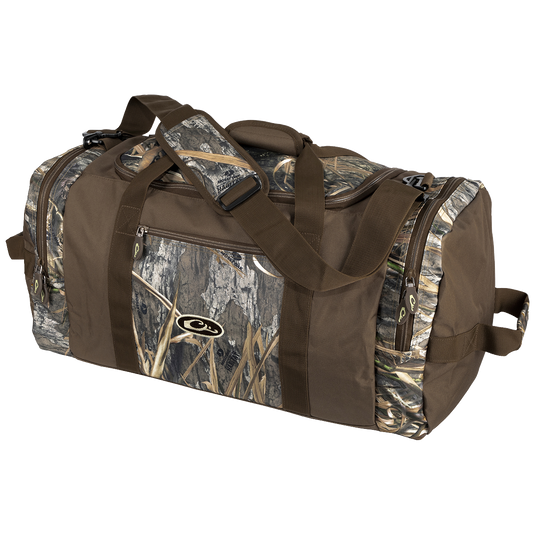 A rugged Duffle Bag made of 600-denier polyester fabric. Features adjustable shoulder strap, large center storage area, 2 side pockets, and a front pocket. Available in Medium and Large sizes. Ideal for hunting, camping, and outdoor adventures.