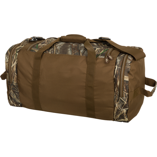 A durable Duffle Bag with a camouflage pattern, perfect for outdoor adventures. Features a large center compartment, end pockets, and adjustable shoulder straps. Available in Medium and Large sizes.