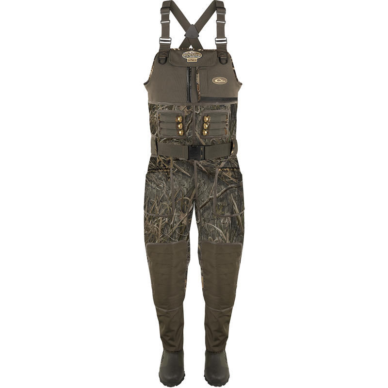 Buckshot Eqwader 1600 Neoprene Wader 3.0: Camouflage overalls, shorts, vest, boots, and straps for waterfowl hunting.