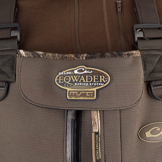 A close-up of the Buckshot Eqwader 1600 Neoprene Wader 3.0 logo on a bag with a zipper, showcasing the high-quality leather and fabric materials used in its construction.