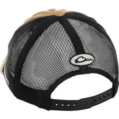 Retro Duck Patch Cap with black and tan design, featuring a logo close-up and high-quality construction.