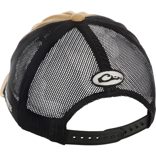Retro Duck Patch Cap with black and tan design, featuring a logo close-up and high-quality construction.