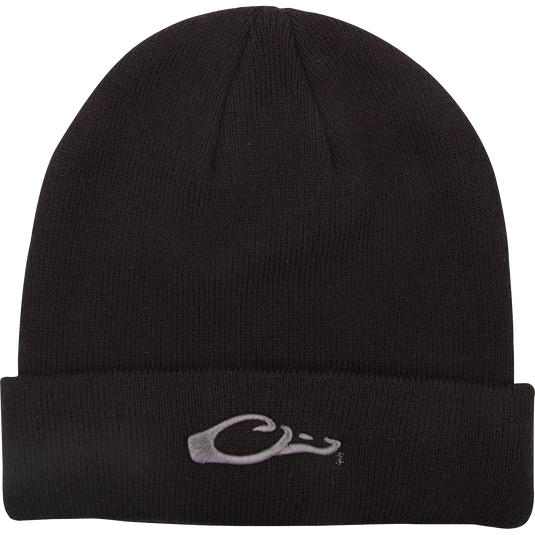 LST Rib-Knit Stocking Cap: A black beanie with an embroidered Drake "duck head" logo. Comfortable and versatile for field or casual wear.