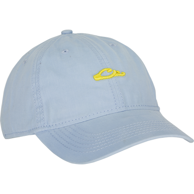 Cotton Twill Logo Cap with yellow car logo on a light blue baseball cap. Low-profile, contoured bill, leather strap with brass buckle.
