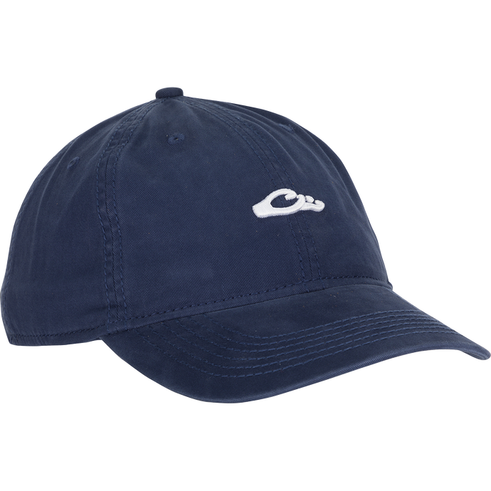 Cotton Twill Logo Cap with blue hat, white hand logo, and leather strap back. Low-profile, contoured bill for a cool and stylish look.