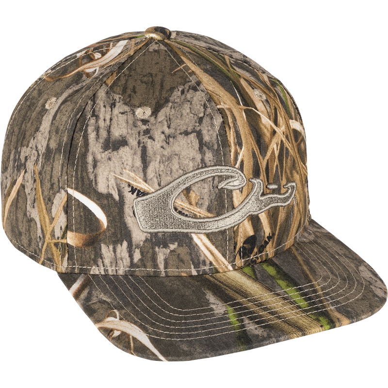 Camo Flat Bill Cap with raised embroidered logo, 100% cotton. Adjustable snapback closure, 6-panel construction for a good fit.