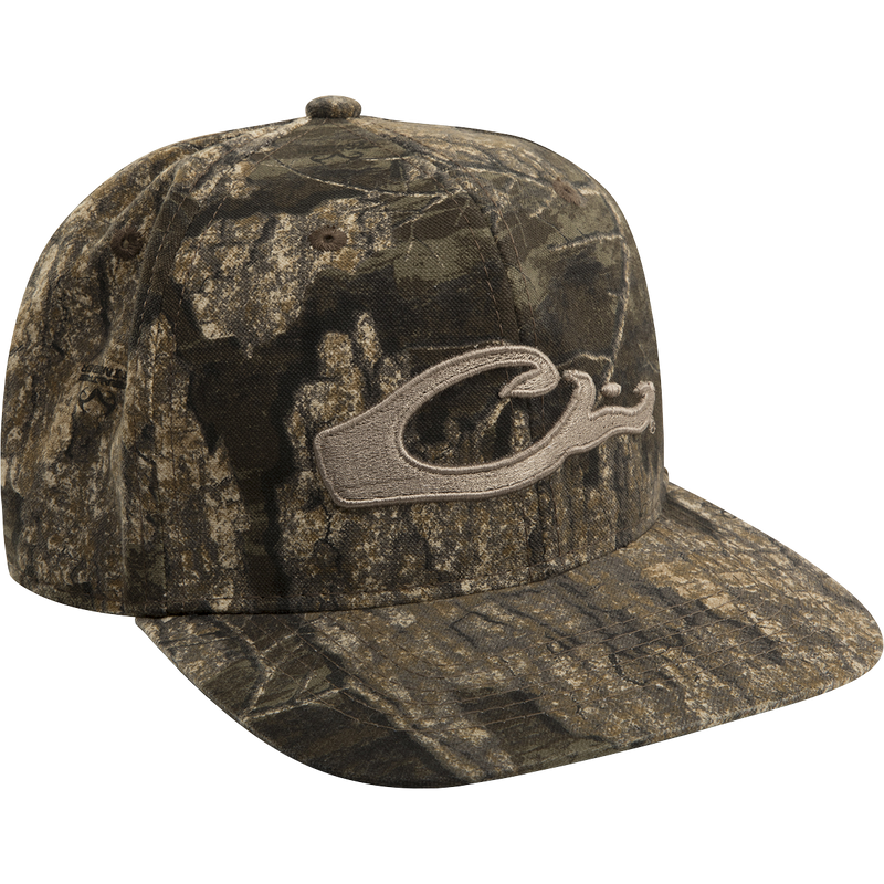 Camo Flat Bill Cap with raised embroidered logo and adjustable snapback closure. 6-panel, low-profile construction for a good fit.