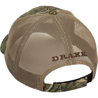 A 6-panel camo mesh-back cap made from 100% cotton. Features low-profile construction, lightly structured front panels, and a hook & loop back closure for a secure fit. The Drake 
