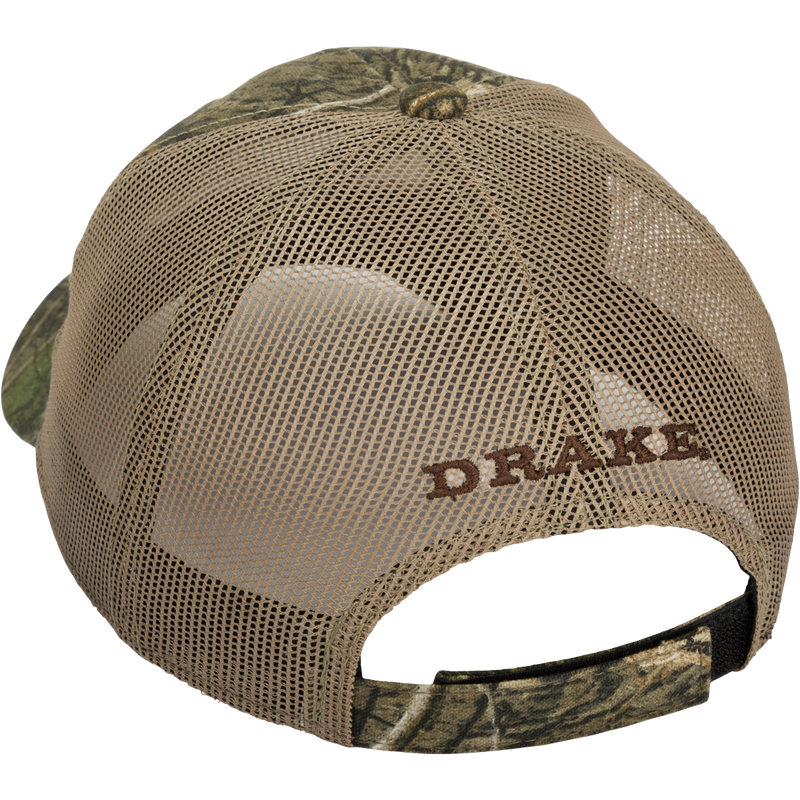 A 6-panel camo mesh-back cap made from 100% cotton. Features low-profile construction, lightly structured front panels, and a hook & loop back closure for a secure fit. The Drake 
