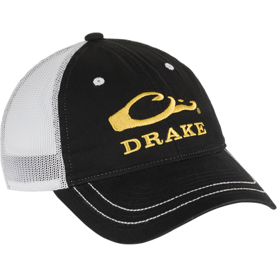 A black and white logo cap with adjustable snapback closure and mesh back. Perfect for staying covered during outdoor activities.