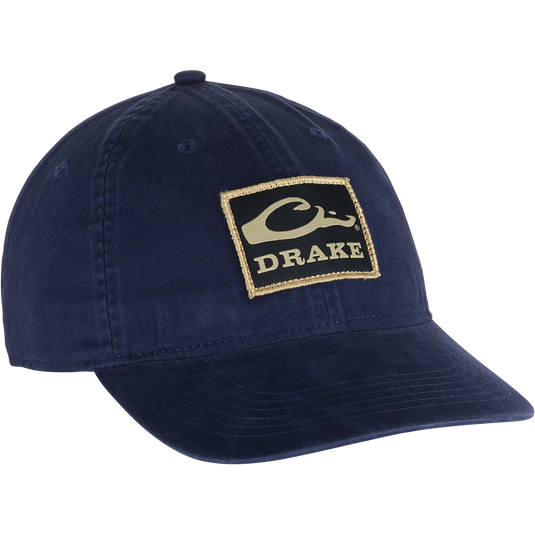 Cotton Twill Patch Cap with a logo, low profile, contoured bill, and brass buckle back strap. 