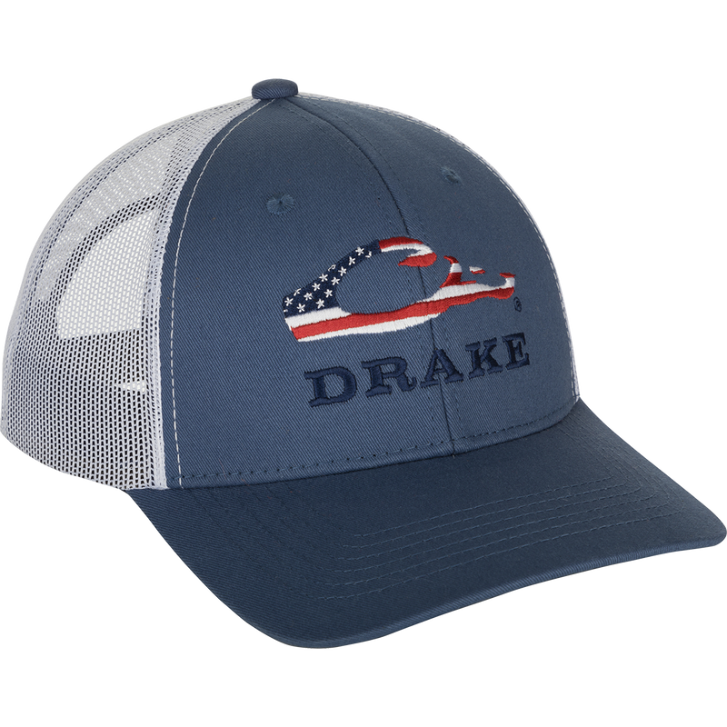 Drake Americana 2.0 Cap with a bold American flag filled Drake head logo and the word Drake in Navy Blue below, on a blue and white hat.