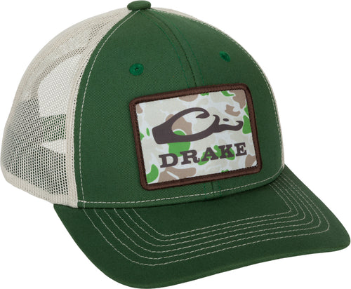 Old School Patch 2.0 Mesh Back Cap - A stylish green and white hat with a patch. 6-panel structured crown, pre-curved visor, and adjustable snap-back closure.