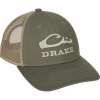 Drake Mesh Back Cap 2.0: A structured six-panel hat with a logo on it, featuring a mesh back and adjustable snap back closure.