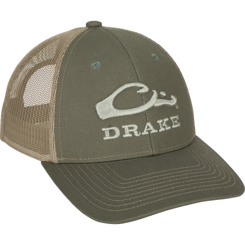 Drake Mesh Back Cap 2.0: A structured six-panel hat with a logo on it, featuring a mesh back and adjustable snap back closure.