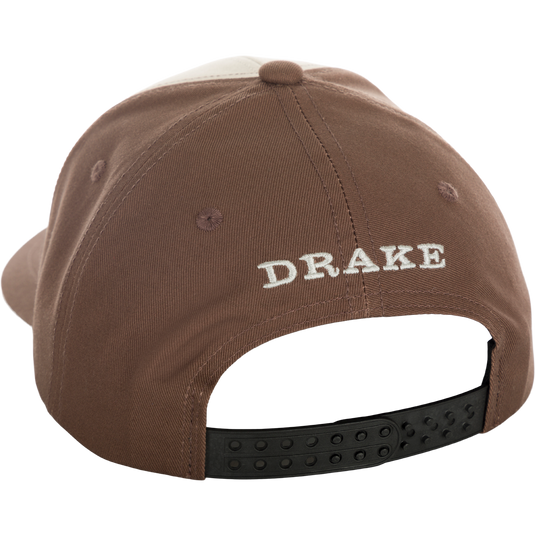 Drake In-Flight Badge Cap: A stylish brown hat with white text and a logo on the back. Adjustable snapback for a custom fit.
