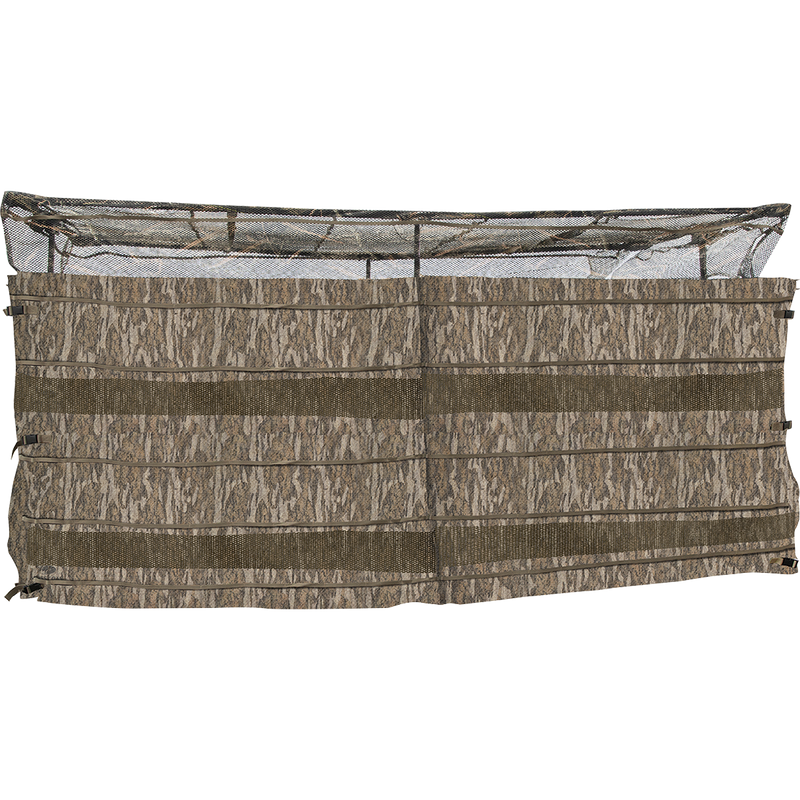 A brown and black camo blind with a see-through mesh top and gates on both front and rear. Measures 12.75' x 4.25'.