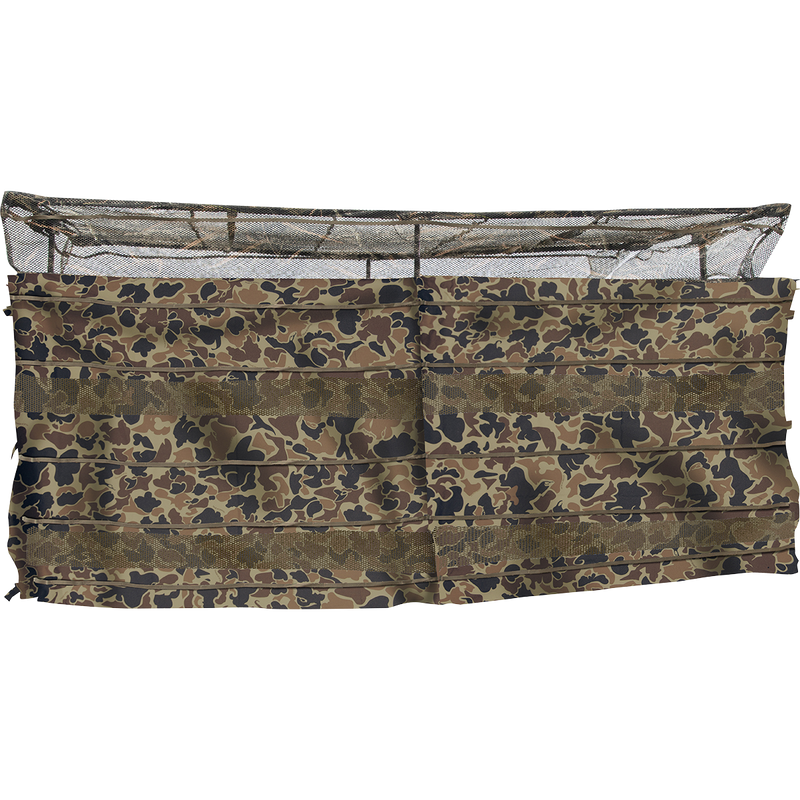 Ghillie Clubhouse 6-Man Blind with No-Shadow Dual Action Top, a spacious portable blind for hunting. Allows shooting out front or back, with see-through mesh top and brush straps for camouflage. Ideal for groups, with front and rear entry/exit gates. Can be used on dry ground or in water, and adjustable legs for various terrains. Easy setup and breakdown.