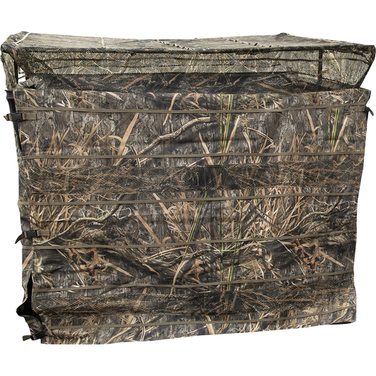 Ghillie 3-Man Run-N-Gun Blind with No-Shadow Dual Action Top: A compact camouflage covered box blind with a net top, ideal for 2 to 3 hunters. Easily set up and break down in minutes. Adjustable legs for various terrains.