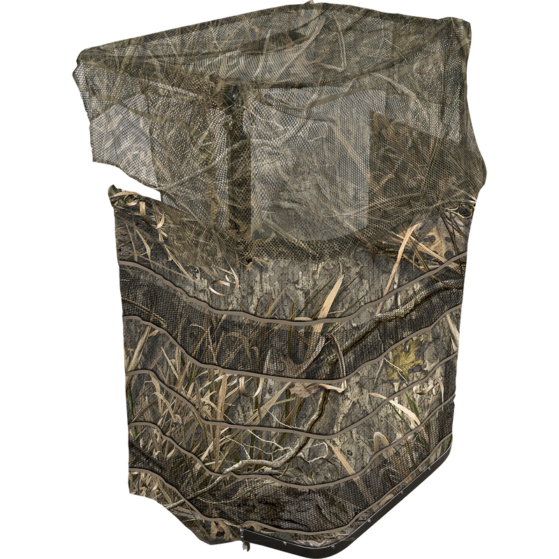 A lightweight, modular panel blind for hunters. Features a camo windblocker, stretch cords, and brush straps for easy brushing. Can be linked with other blinds for larger groups or used back to back for full coverage. Made with durable aluminum tubing and equipped with stake loops and long stakes. Dimensions: 38