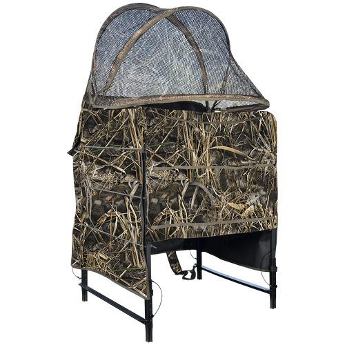 Ghillie Shallow Water Chair Blind: A portable camouflage blind with netting, perfect for hiding in flooded fields while duck hunting.