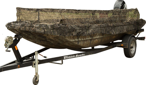 Ghillie Boat Blind with No-Shadow Dual Action Top on a trailer, providing full coverage and adjustable settings for a low-profile approach. Features include a mud motor gate, spring-loaded auto-locking legs, and easy installation. Fits boats 14’ to 17’.