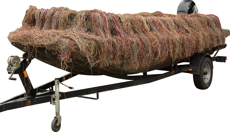 A boat with a net on it, featuring the Ghillie Boat Blind with No-Shadow Dual Action Top from Drake Waterfowl.