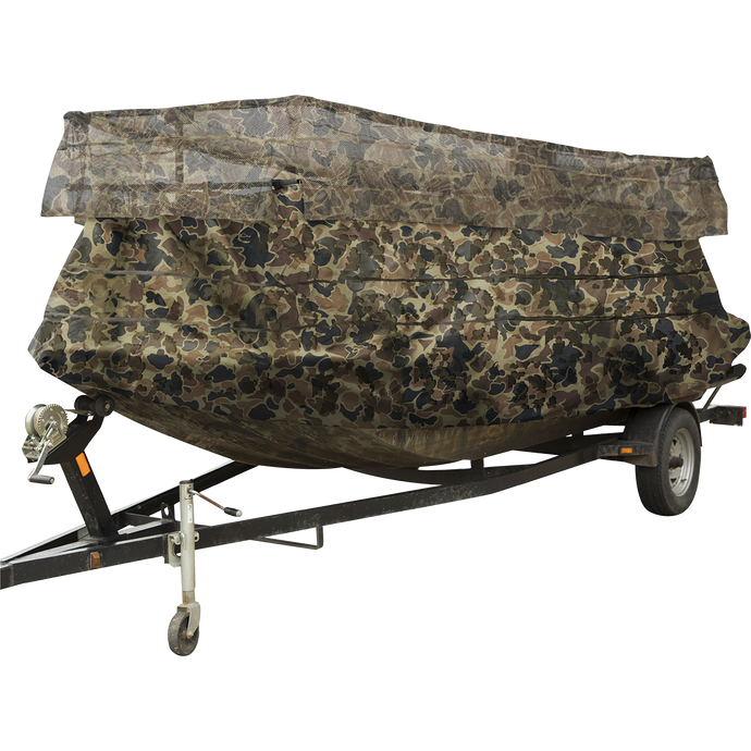 A Ghillie Boat Blind with No-Shadow Dual Action Top, providing full coverage concealment for hunting waterfowl. Adjustable height/width/length, spring-loaded legs, and mud motor gate for easy use. Fits boats 14'-17'.