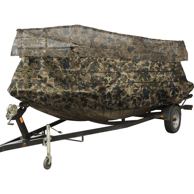 A Ghillie Boat Blind with No-Shadow Dual Action Top, providing full coverage concealment for hunting waterfowl. Adjustable height/width/length, spring-loaded legs, and mud motor gate for easy use. Fits boats 14'-17'.