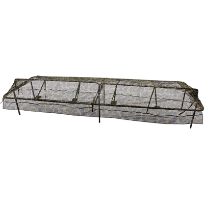 Ghillie 12ft & 16ft Ground Pit Adjustable Top: A fishing net with a camouflage pattern and a gun on it, providing coverage for hunting in a pit blind.