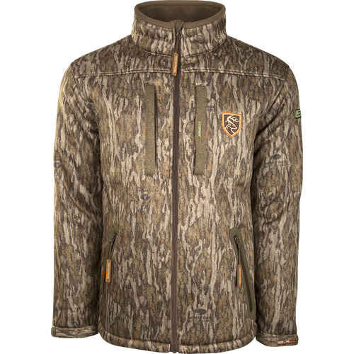 Silencer Full Zip Jacket with logo, camouflage fabric, zipper, and deer logo. Perfect for big game hunting. Breathable and scent-controlled.