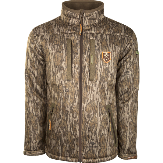 Silencer Full Zip Jacket with logo, camouflage fabric, zipper, and deer logo. Perfect for big game hunting. Breathable and scent-controlled.