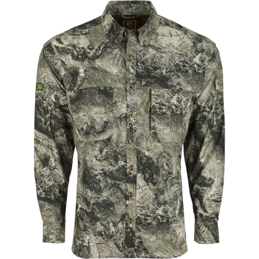 A lightweight, breathable camouflage shirt with mesh panels for warm weather hunts. Features scent control technology and UPF 50+ sun protection.
