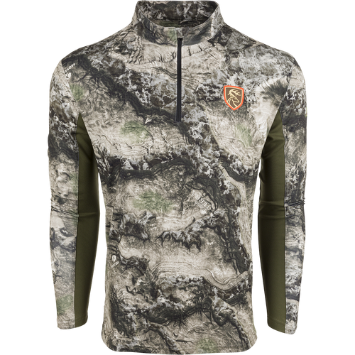 A close-up of the Performance 1/4 Zip L/S with Agion Active XL shirt, featuring camouflage pattern and a deer logo.