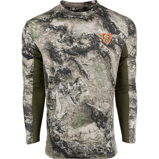 A camouflage shirt with logo and deer emblem, perfect for hot weather walks or tree stand concealment. Moisture-wicking, quick-drying, and fade-resistant.