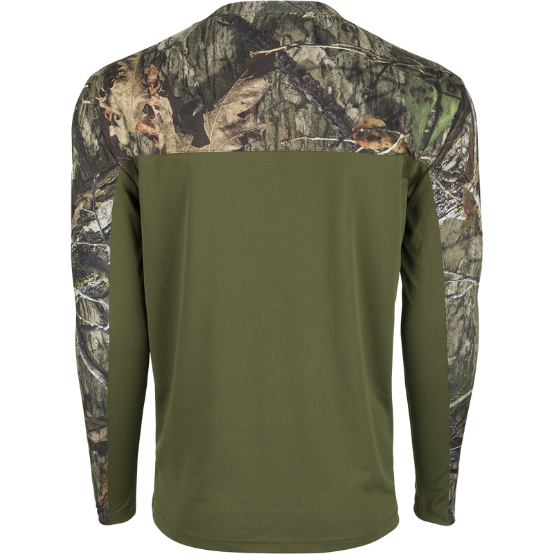 A back view of the Performance Crew L/S with Agion Active XL shirt, featuring a green camouflage design on stretch polyester fabric.