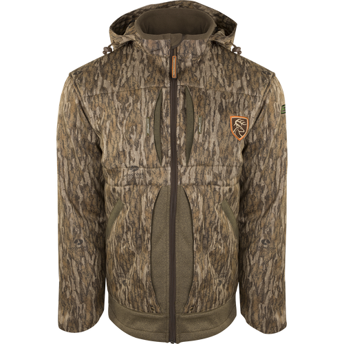 A close-up of the Stand Hunter's Silencer Jacket with Agion Active XL®, featuring a hood and zipper. Perfect for late-season hunting, it offers soft, quiet, and durable fabric. Ideal for gaining an advantage over big game animals.