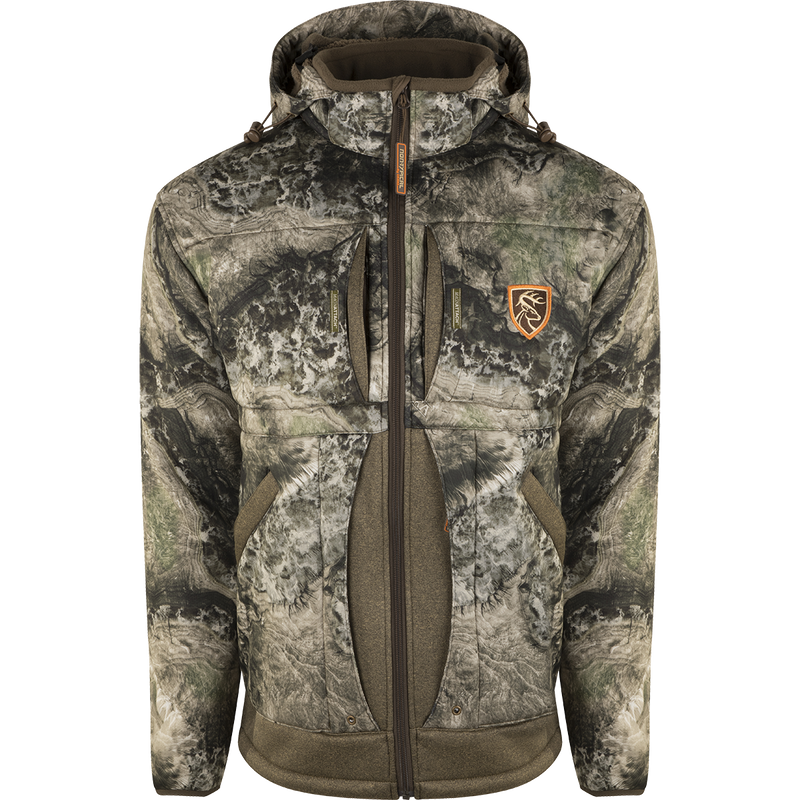 A close-up of the Stand Hunter's Silencer Jacket with Agion Active XL® featuring logo and zipper details.