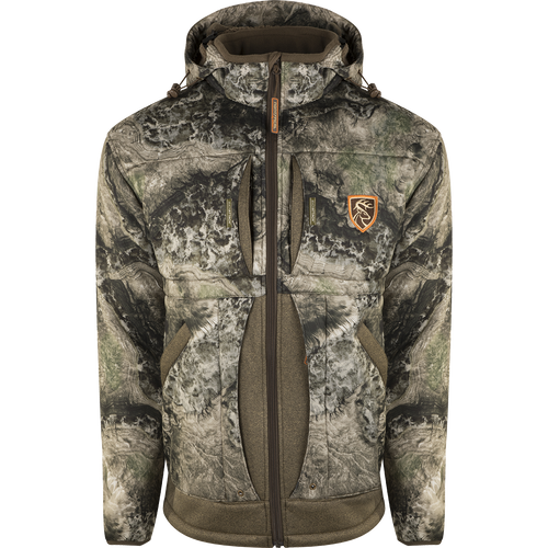 A close-up of the Stand Hunter's Silencer Jacket with Agion Active XL® featuring logo and zipper details.