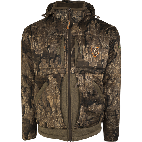 A close-up of the Stand Hunter's Silencer Jacket with Agion Active XL®. Features include scent control technology, multiple pockets, and a detachable fleece-lined hood. Perfect for late-season hunting.