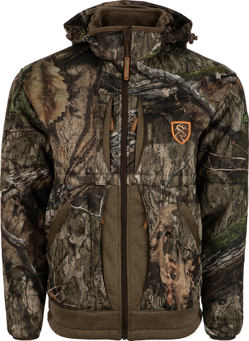 A women's jacket with a camouflage pattern, featuring a deer logo and a close-up of a zipper and a camouflage bag.